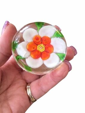 VTG Italian Murano Handmade Glass Flower Paperweight - White, Orange, Green 2"